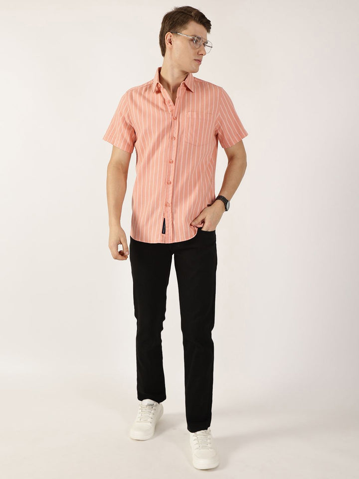 Thomas Scott Men Classic Slim Fit Spread Collar Vertical Striped Cotton Casual Shirt