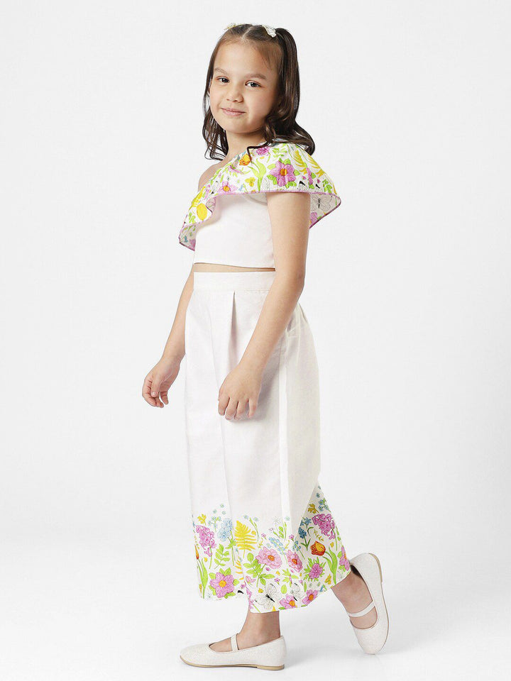 Nauti Nati Girls Printed One Shoulder Ruffles Pure Cotton Top with Trousers