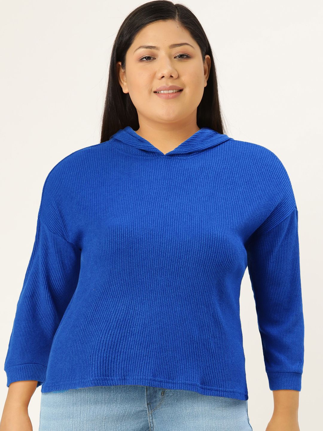 AND Women Blue Solid Hood Long Sleeves Top