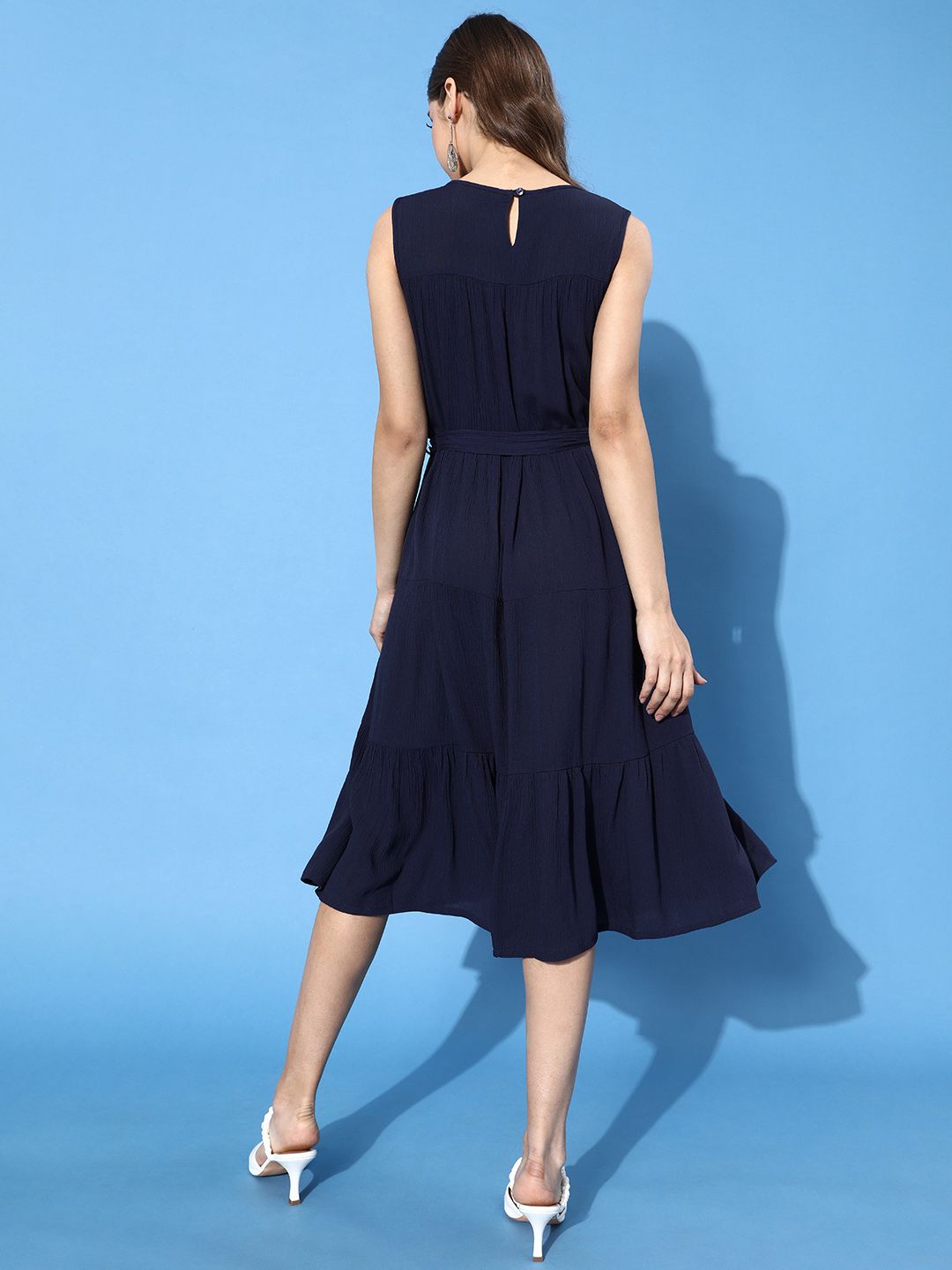 DressBerry Women Navy Blue Solid Tiered A-Line Dress