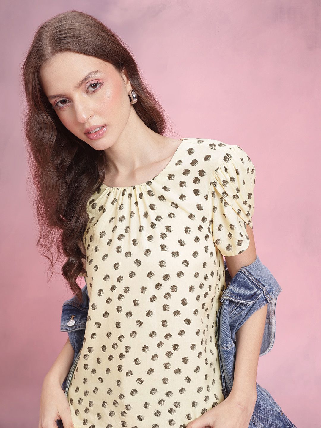 DressBerry Polka Dot Print Puff Sleeves Top