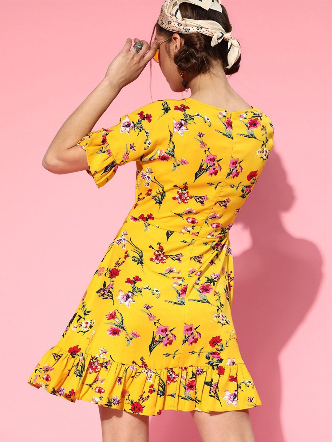 Berrylush Yellow Floral Crepe Dress