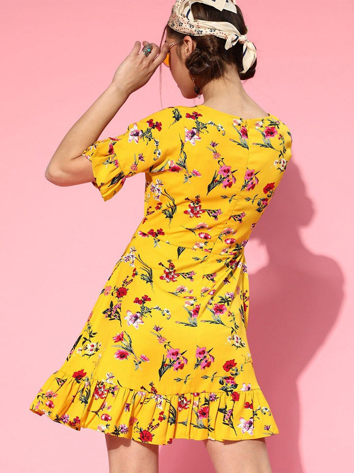 Berrylush Yellow Floral Crepe Dress