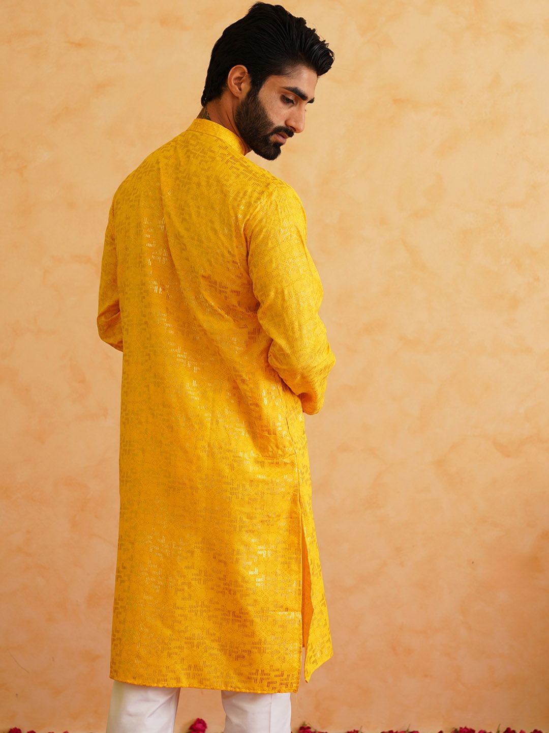 SOJANYA Mandarin Collar Long Sleeves Woven Design Pure Cotton Kurta with Churidar