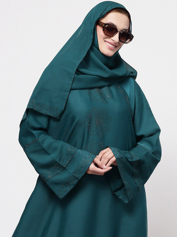 KLOTTHE Women Turquoise Blue Embellished Abaya Burqa With Hijab