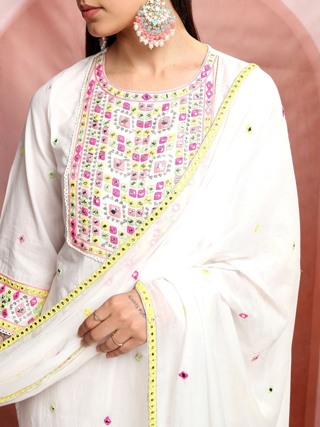 Vishudh Round Neck Ethnic Motifs Embroidered Mirror Work Pure Cotton Straight Kurta Set