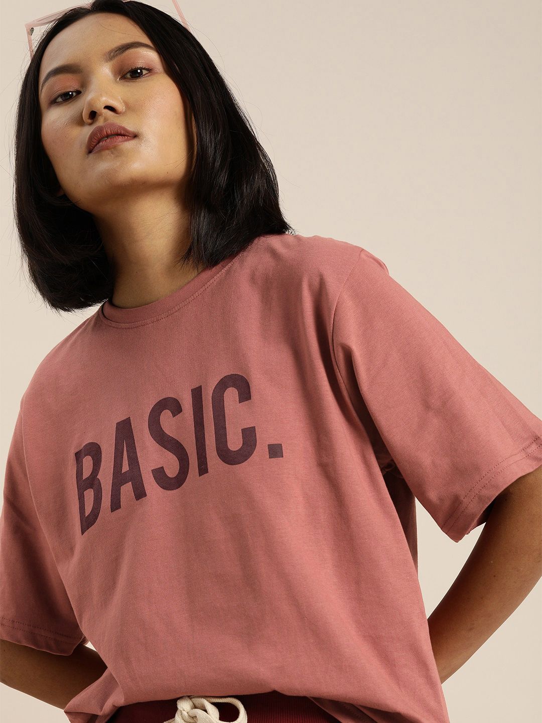 DILLINGER Women Rust Pink Printed Longline Oversized Cotton Pure Cotton T-shirt