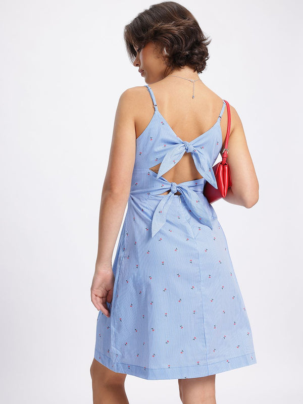 DressBerry Youthful Charm Striped Ditsy Print Pleated A-line Dress with Styled Back