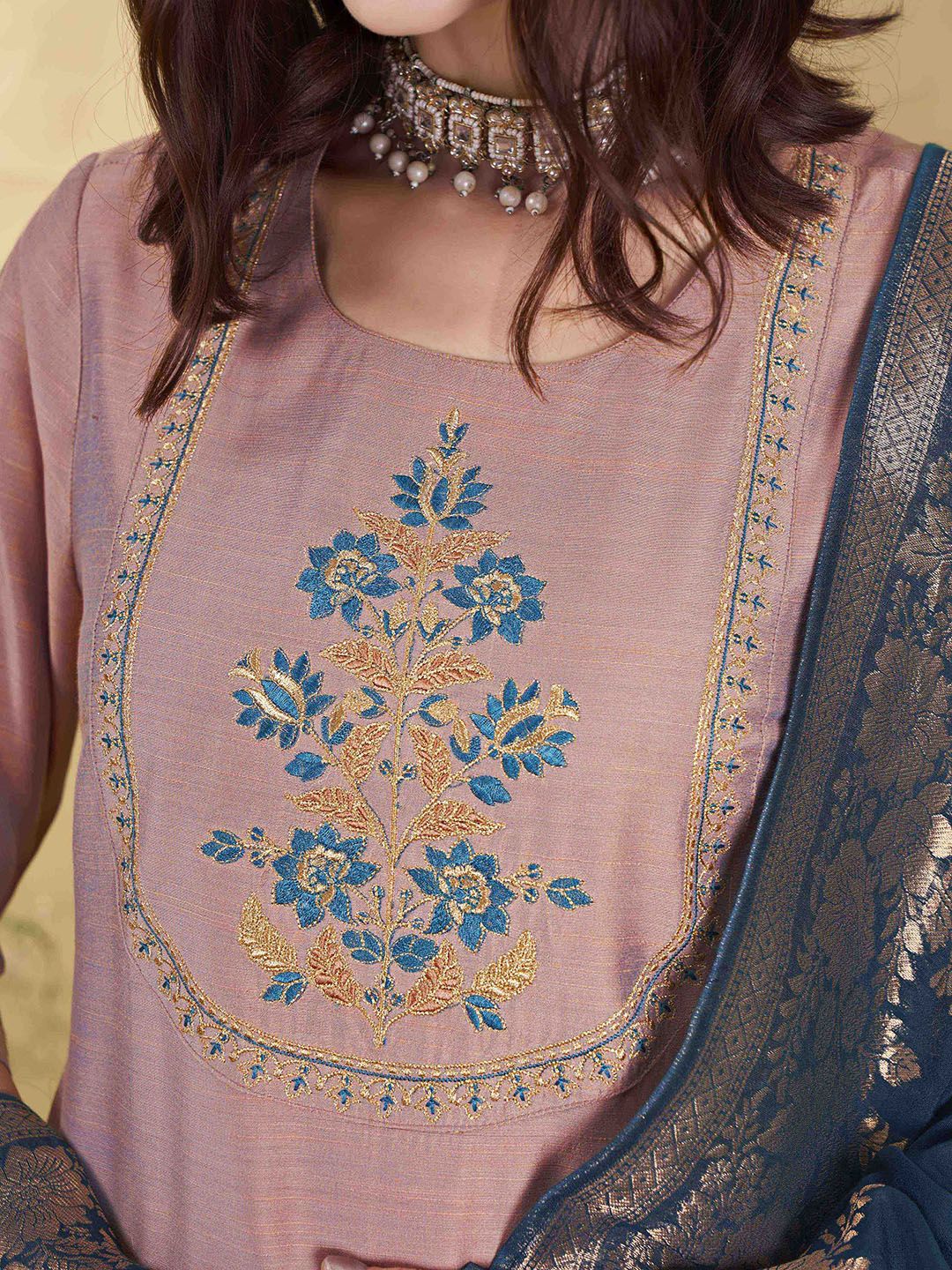 Anouk Mauve Floral Yoke Design Thread Work Straight Kurta With Trousers & Dupatta