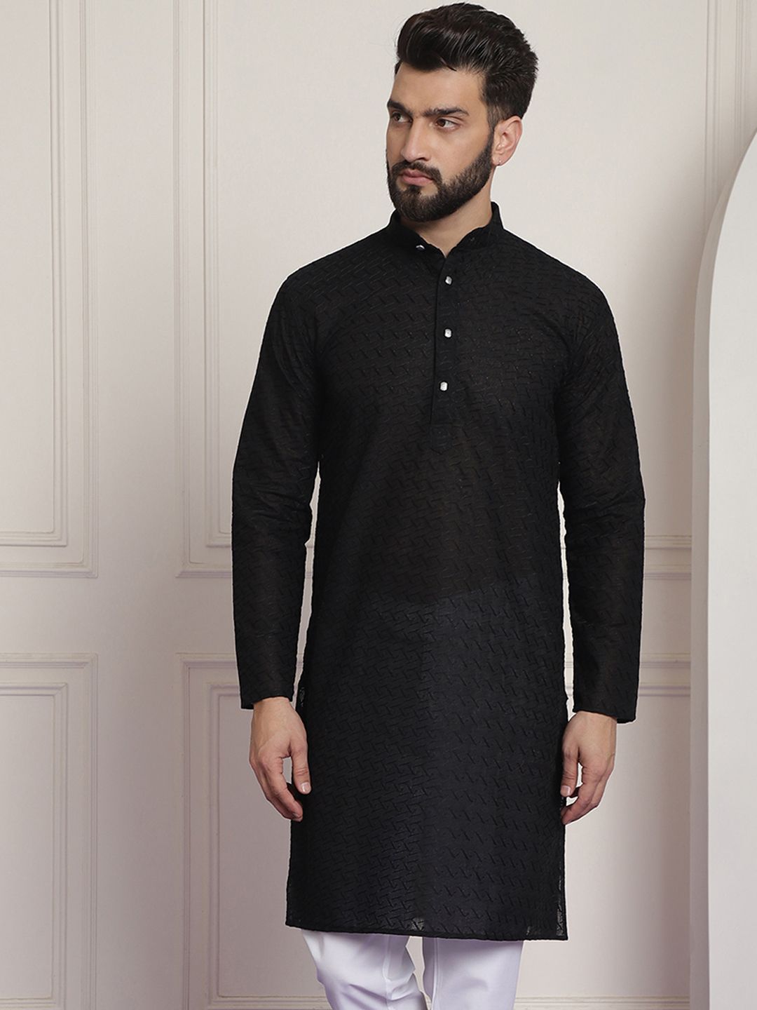 SOJANYA Lelaki Black Thread Work Kurta