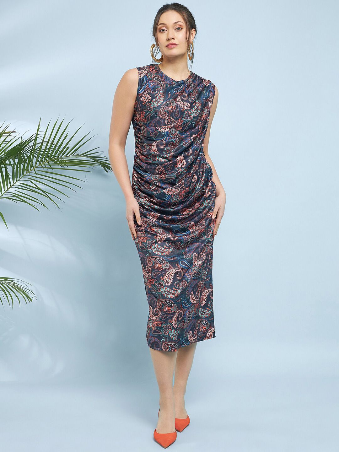 Antheaa Grey Ethnic Motifs Printed Straight Sheath Midi Dress