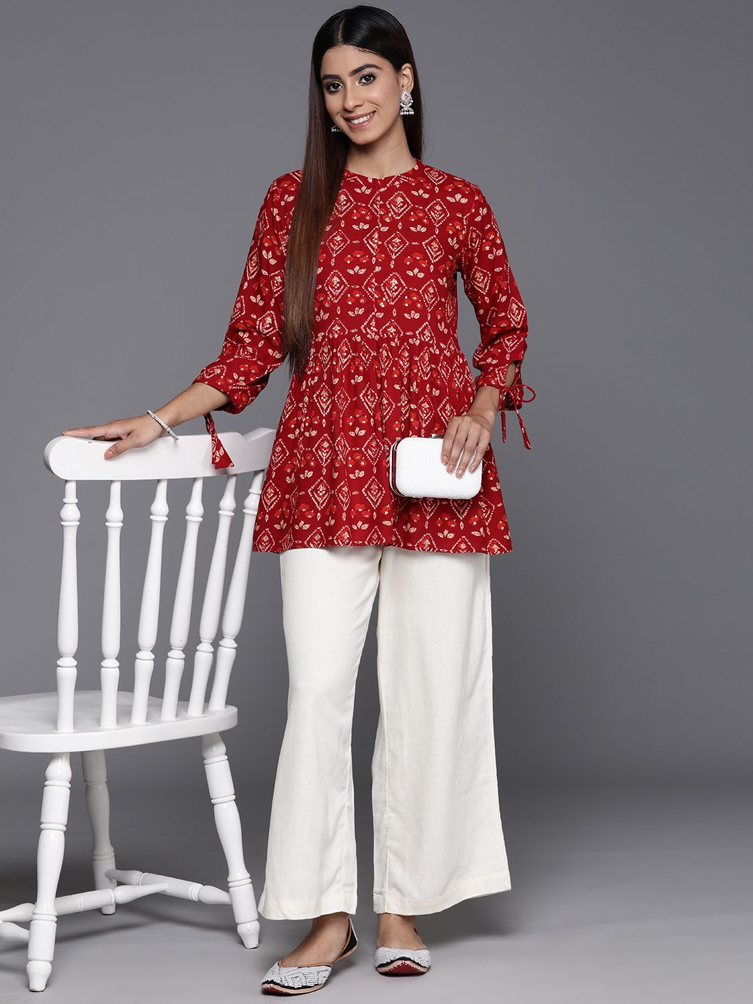 Libas Floral Print Band Collar  Tie-Up Sleeves Pleated Kurti