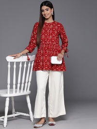Libas Floral Print Band Collar  Tie-Up Sleeves Pleated Kurti