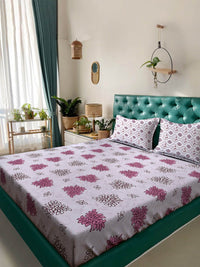 KLOTTHE Purple Floral 400 TC King Bedsheet with 2 Pillow Covers