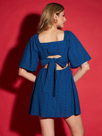 SASSAFRAS Blue Square Neck Fit and Flare Dress