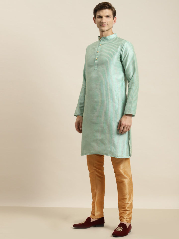 SOJANYA Men Sea Green Striped Kurta with Churidar & Nehru Jacket