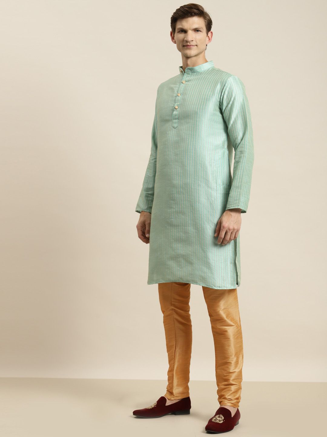 SOJANYA Men Sea Green Striped Kurta with Churidar & Nehru Jacket