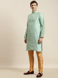 SOJANYA Men Sea Green Striped Kurta with Churidar & Nehru Jacket