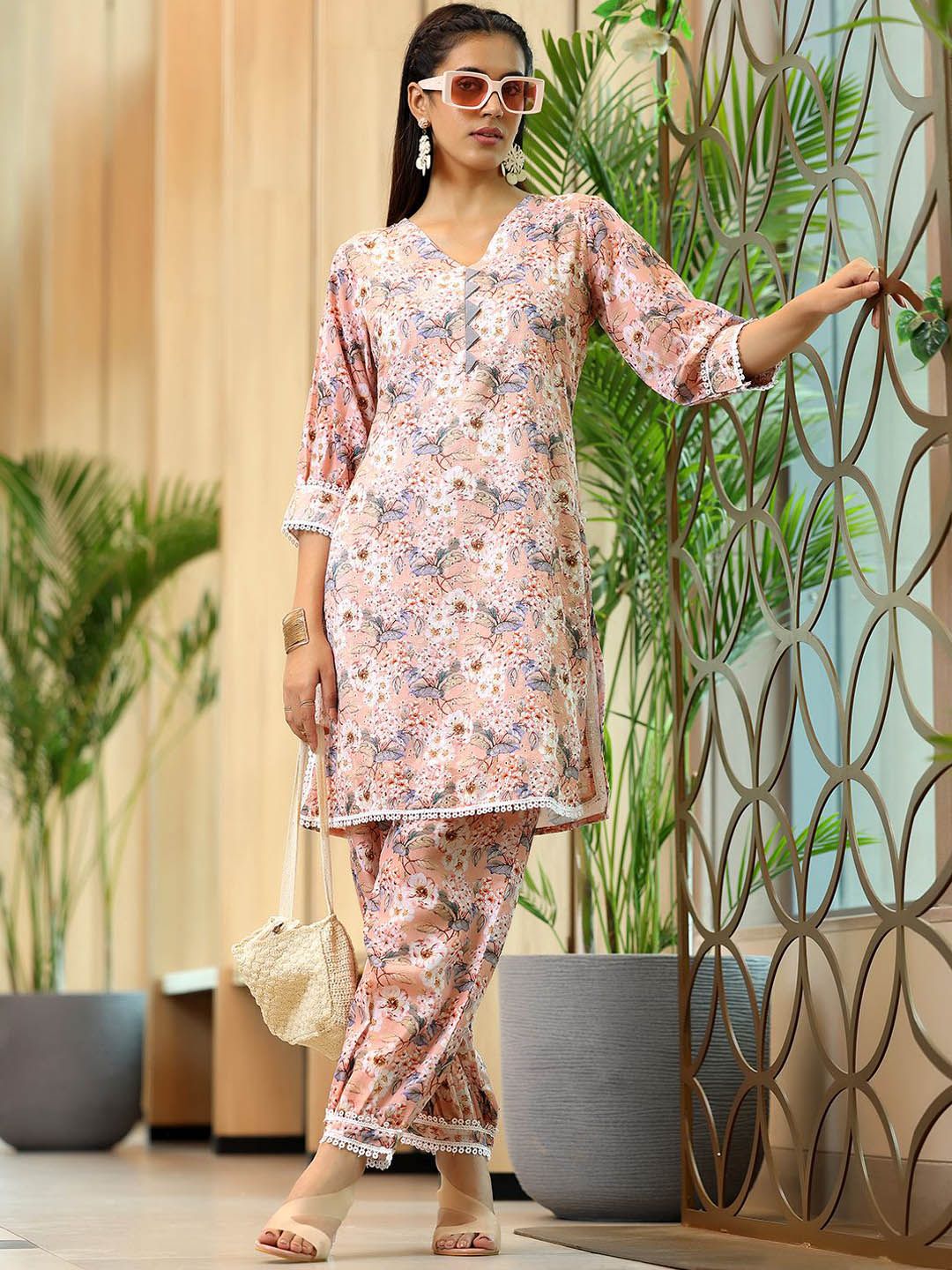 Libas Floral Printed Thread Work Puffed Sleeves Pure Cotton Kurta With Salwar