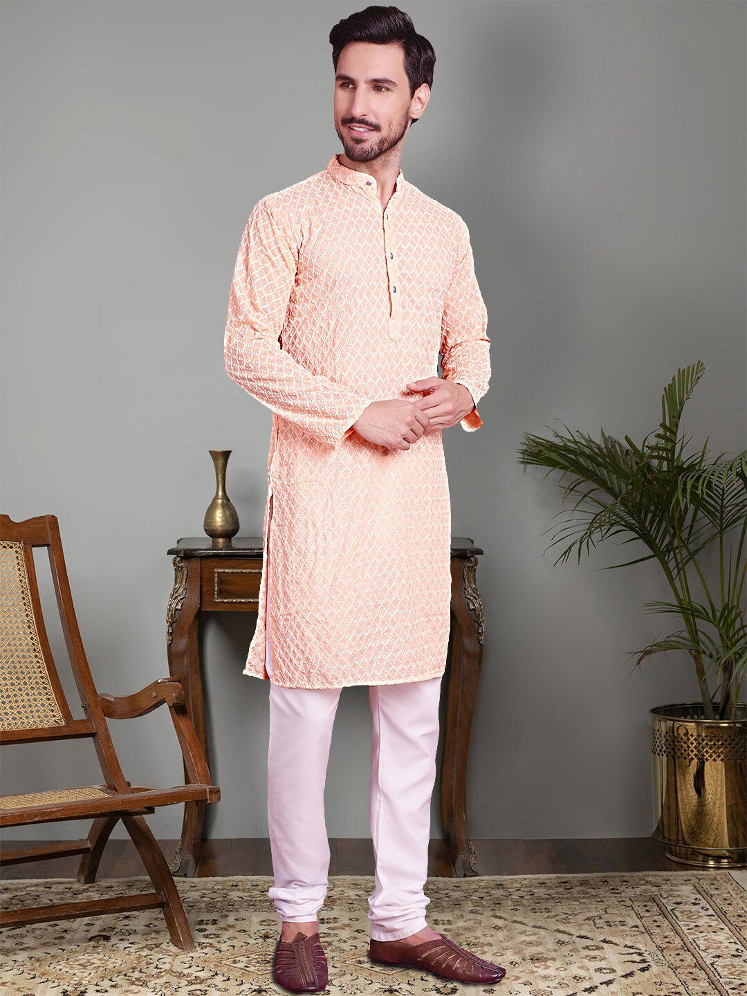Jompers Ethnic Motifs Embroidered Regular Chikankari Pure Cotton Kurta With Churidar