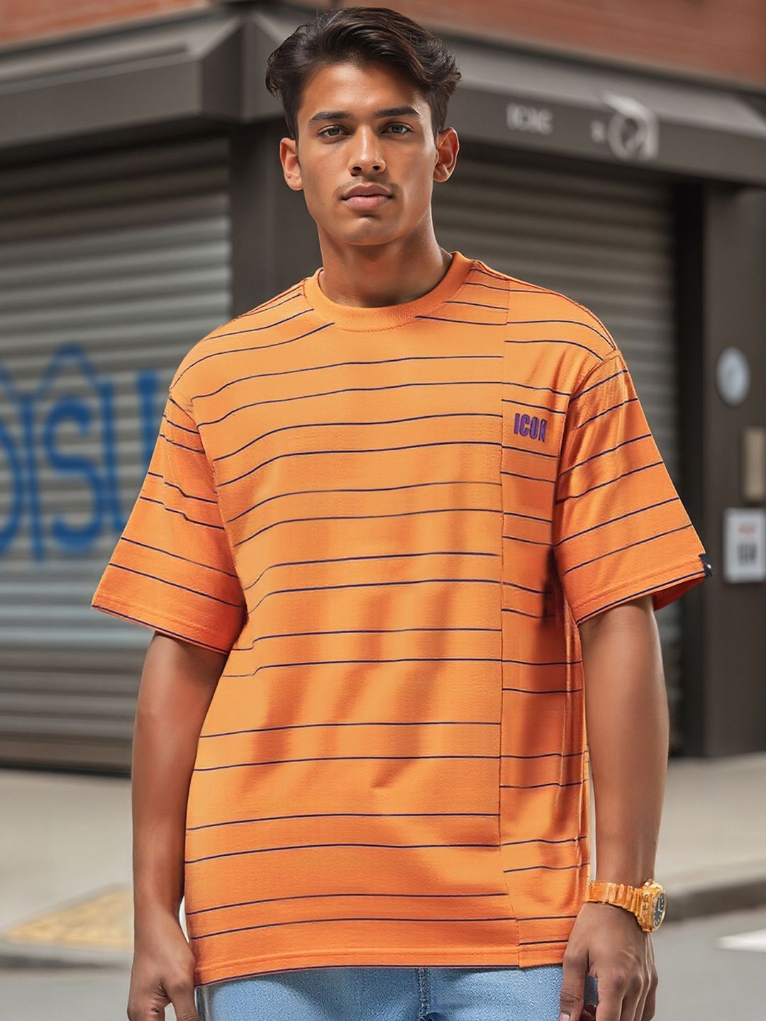 Bewakoof Men Striped Round Neck Pure Cotton T-shirt