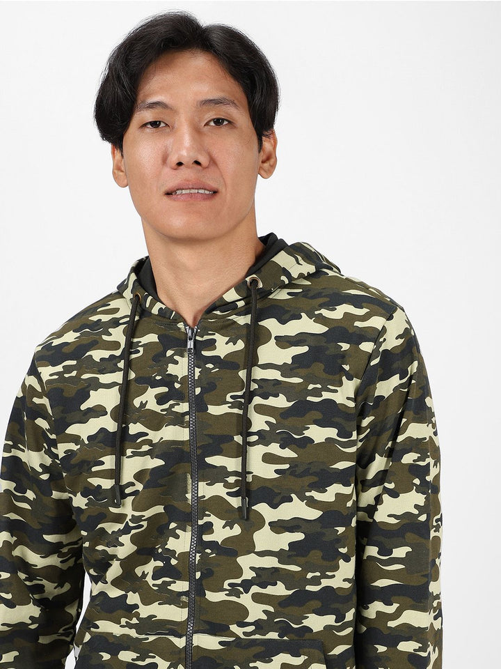 Urbano Fashion Men Olive Green & Black Printed Cotton Hooded Sweatshirt