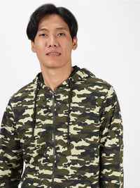 Urbano Fashion Men Olive Green & Black Printed Cotton Hooded Sweatshirt