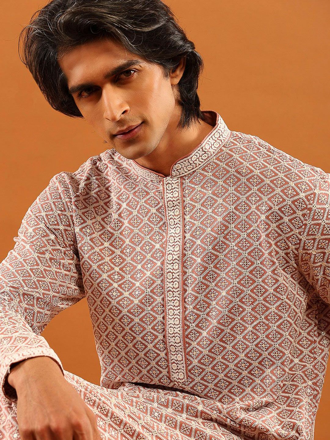 House of Chikankari Men Dusty Pink Rayon Embroidered Kurta