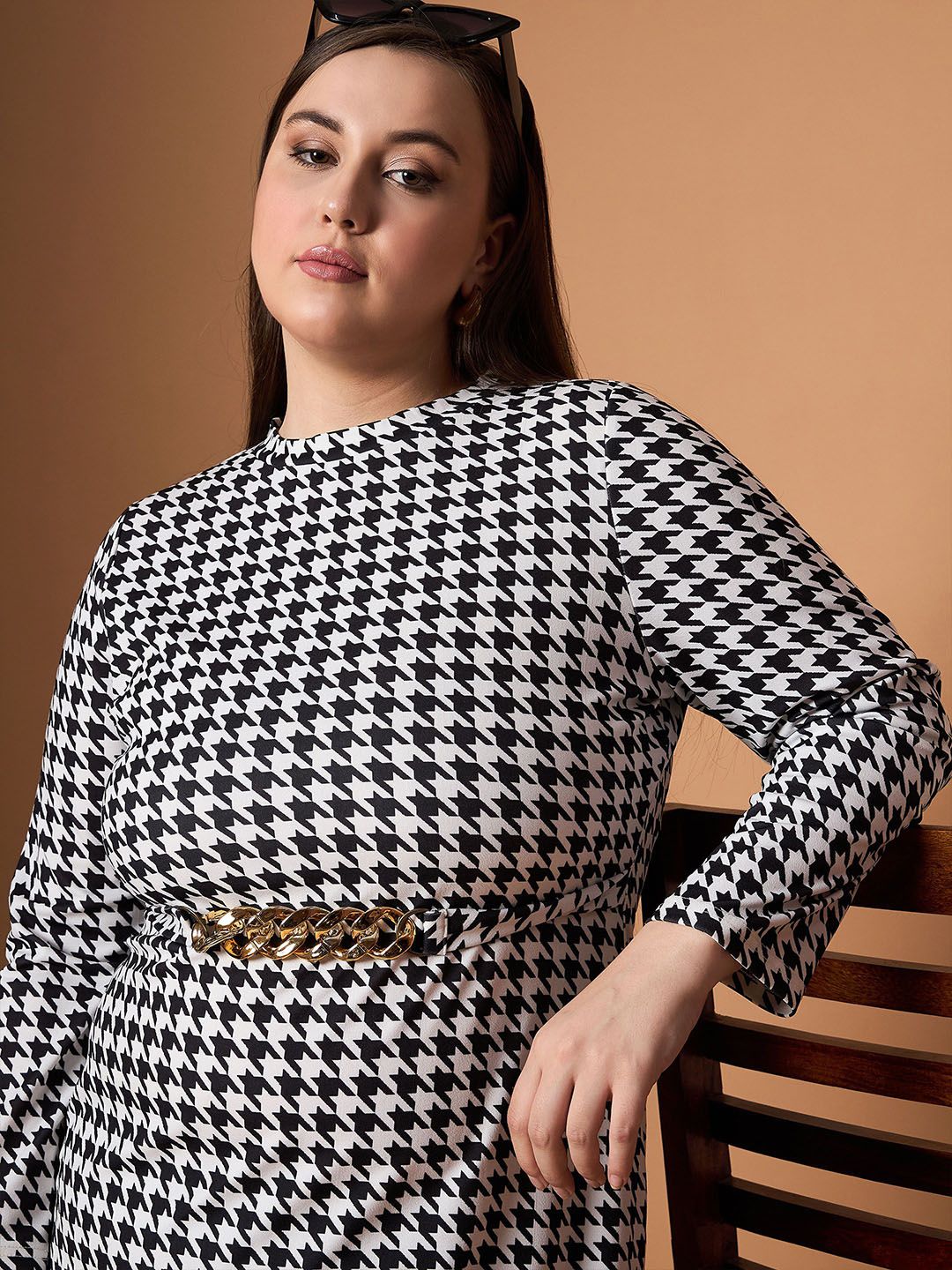 SASSAFRAS Curve Embellished Checked Sheath Dress