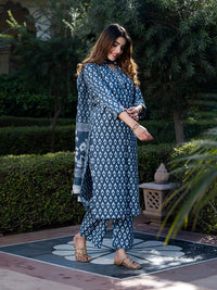 Kalini Floral Printed V-Neck Pure Cotton Straight Kurta dengan Palazzos dan Dupatta