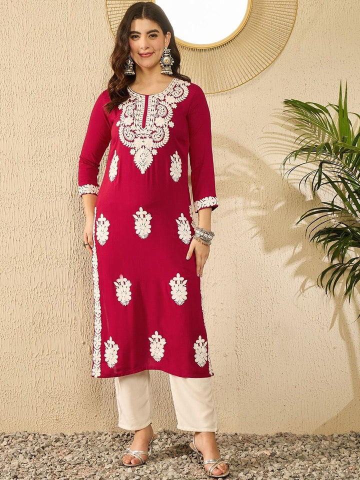 KALINI Floral Embroidered Round Neck Chikankari Straight Kurta
