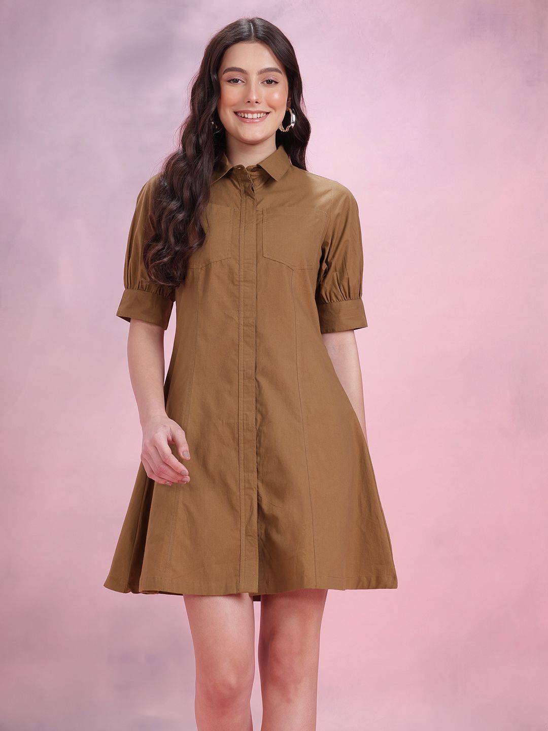 DressBerry Pure Cotton Puff Sleeves Mini Shirt Dress