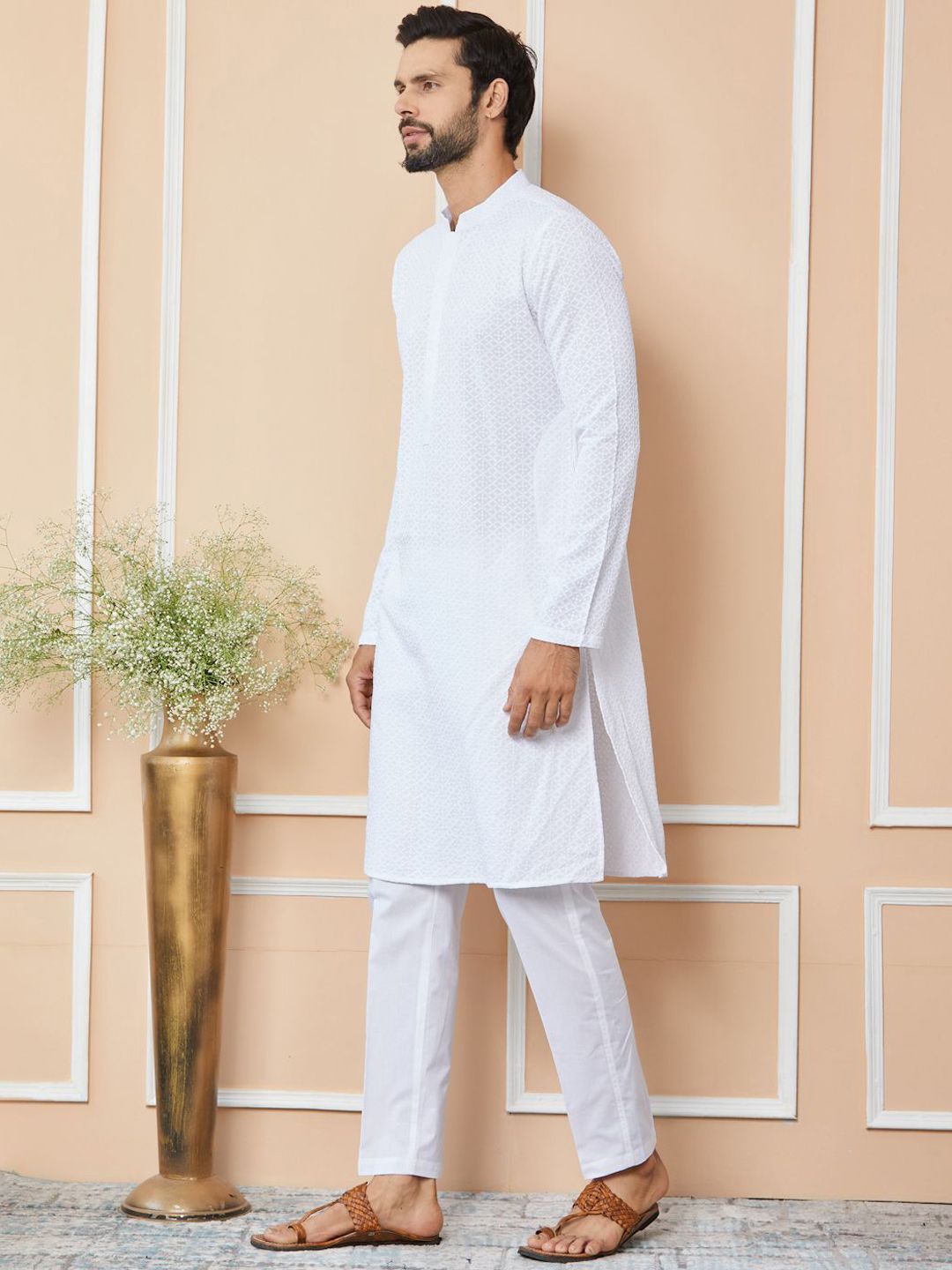 See Designs Mandarin Collar Long Sleeves Geometric Thread Work Pure Cotton Straight Kurta