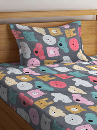 KLOTTHE Grey & Pink-Printed 300TC Fitted Single Bedsheet With 1 Pillow Cover