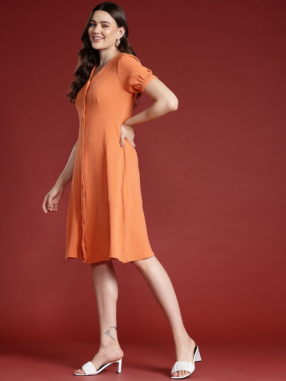 all about you Textured Puff Sleeve Midi A-Line Dress