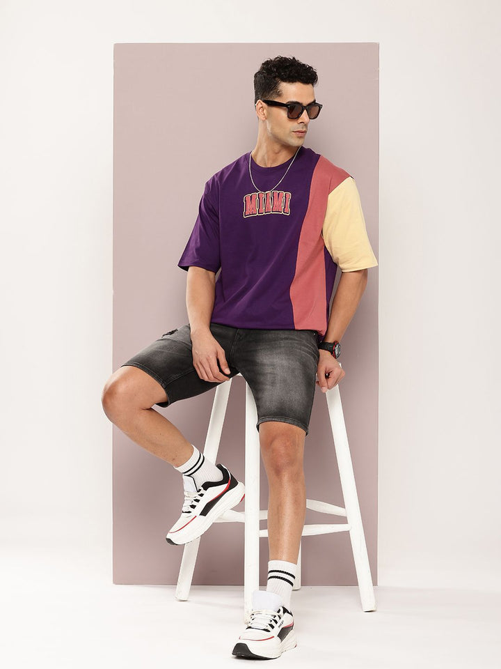 DILLINGER Men Colourblocked Drop-Shoulder Sleeves Oversized Embossed Pure Cotton T-shirt
