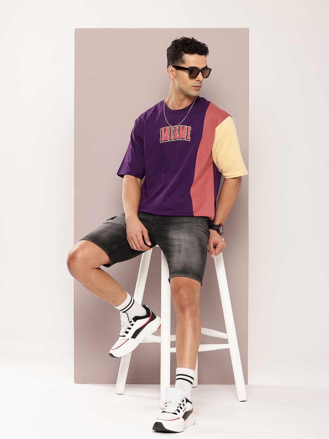 DILLINGER Men Colourblocked Drop-Shoulder Sleeves Oversized Embossed Pure Cotton T-shirt