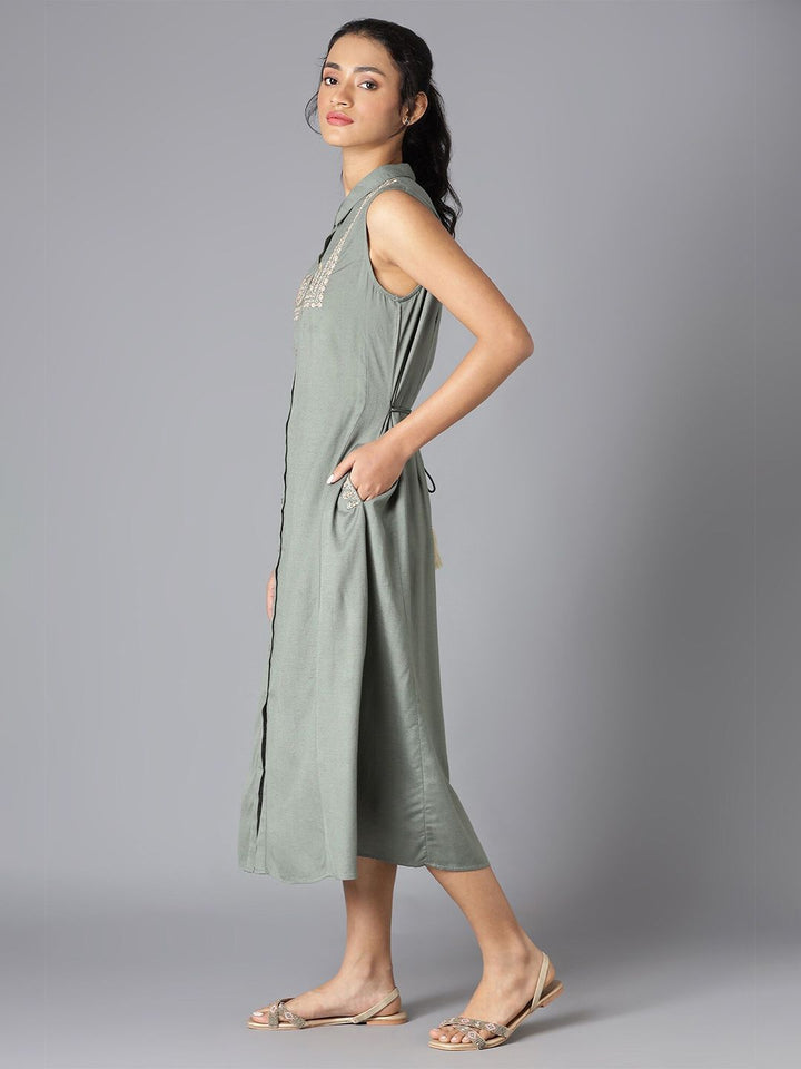 W Green & White Floral Embroidered Shirt Midi Dress