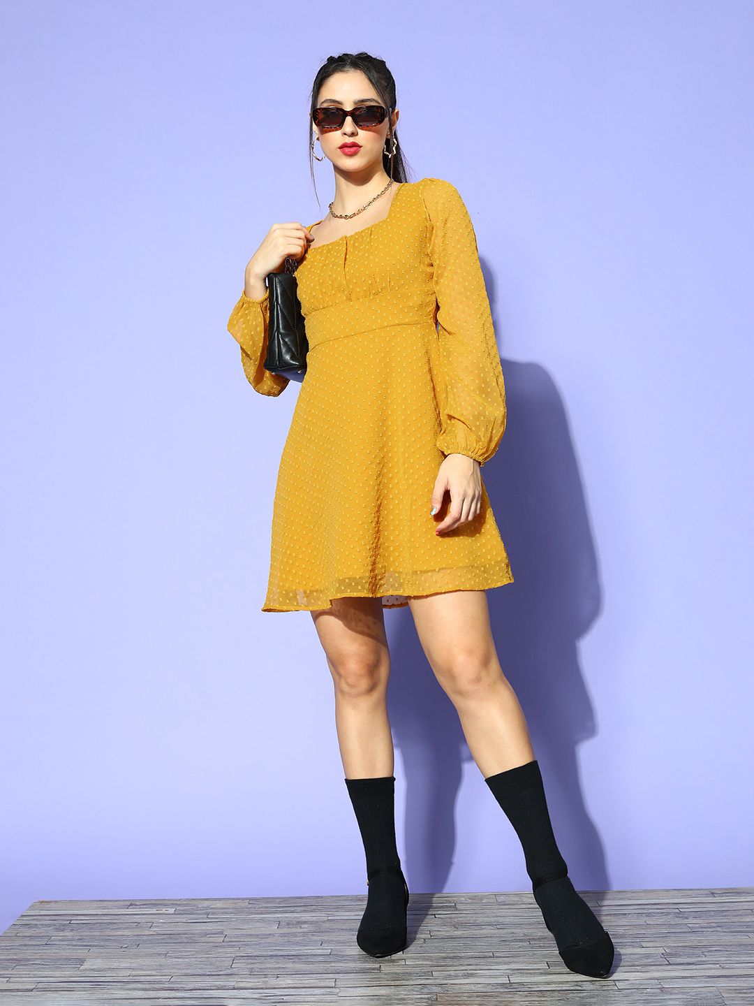 Berrylush Women Mustard Self-Design Once Upon a Sleeve Dress
