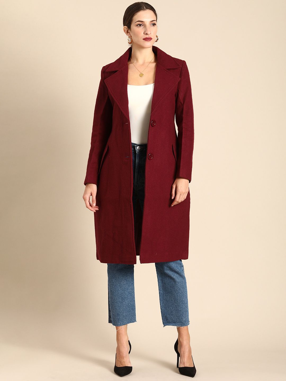 all about you Women Maroon Notched Lapel Single-Breasted Trench Coat