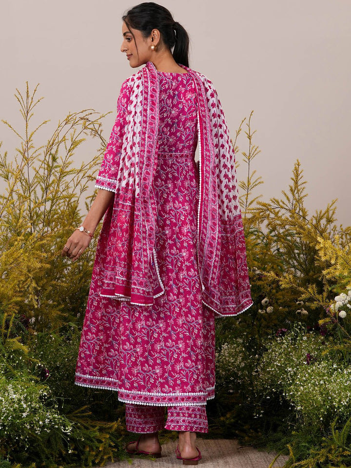Libas Floral Printed Pleated Pure Cotton Kurta with Trousers & Dupatta