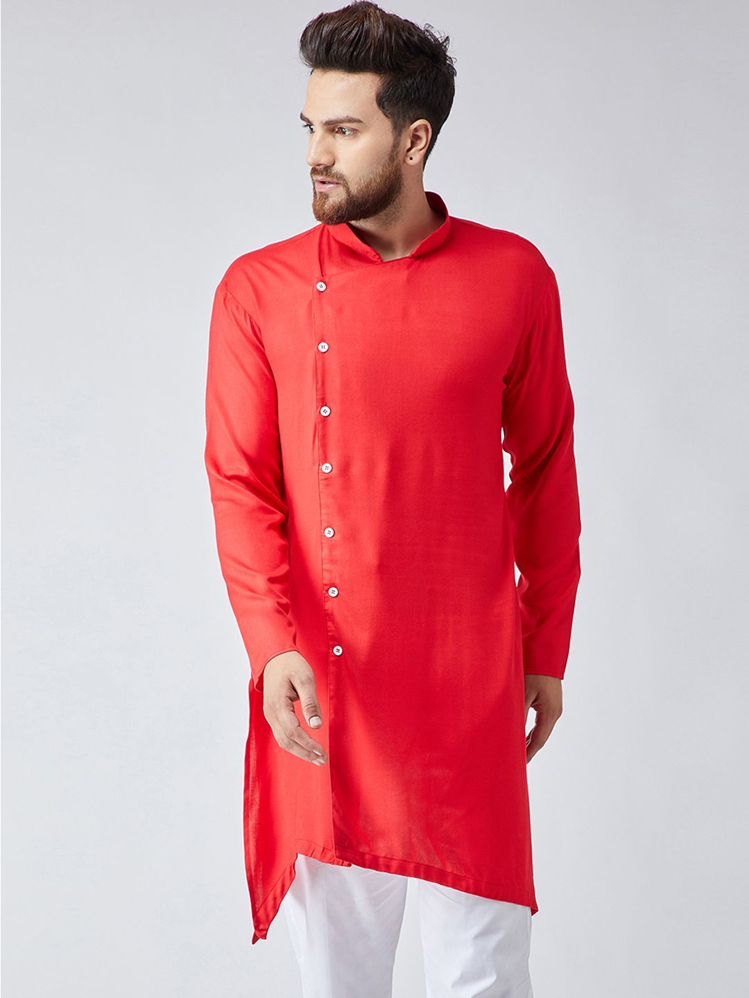 SOJANYA Men Red Solid Asymmetric Straight Kurta
