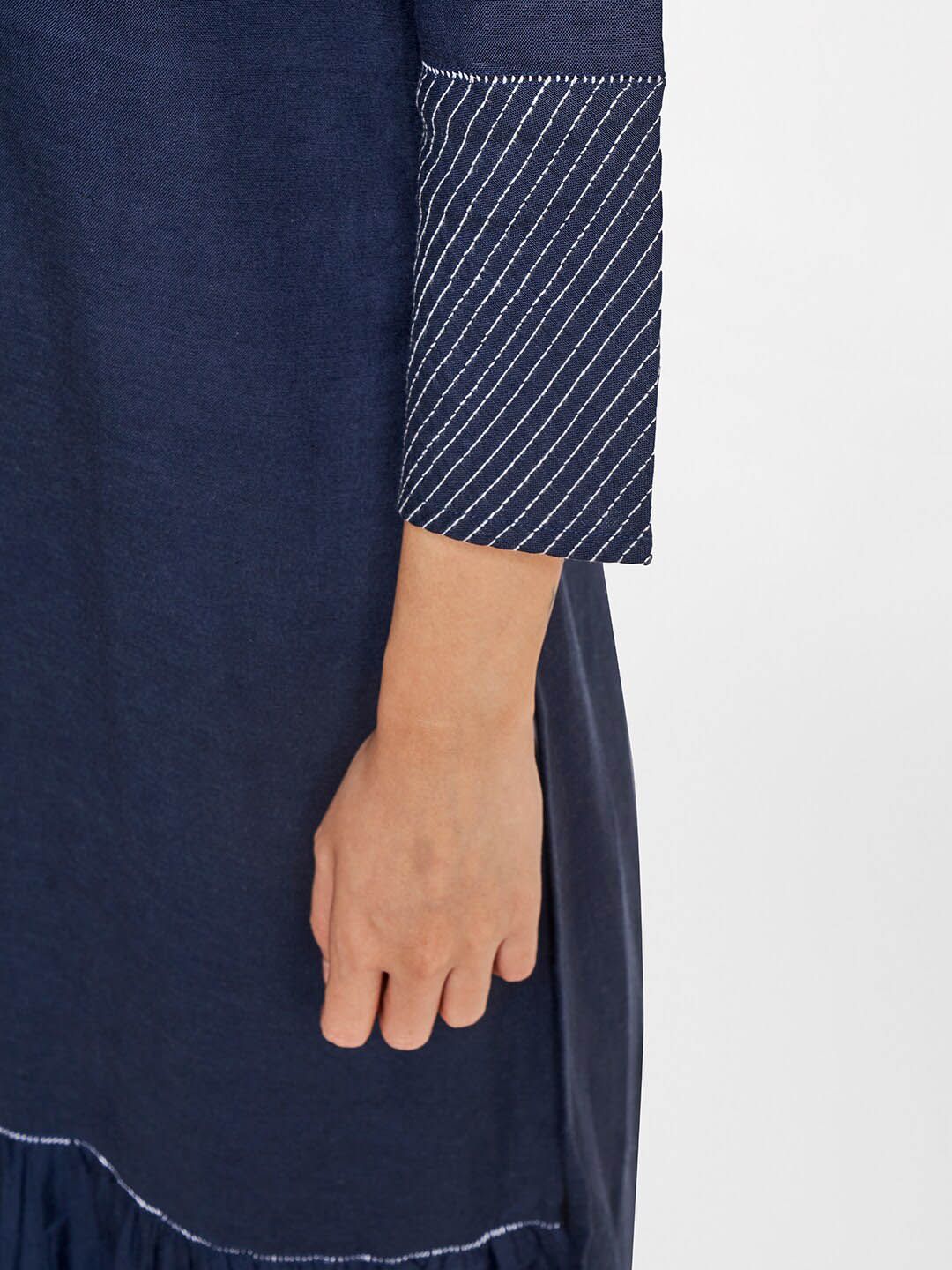 Global Desi Tie-Up Neck Thread Work Tiered A-Line Denim Kurta