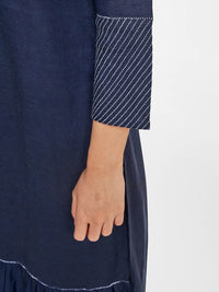 Global Desi Tie-Up Neck Thread Work Tiered A-Line Denim Kurta