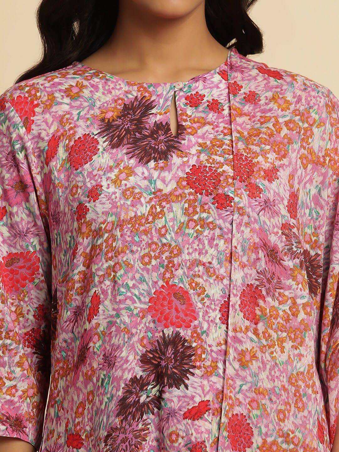 W Pink Floral Printed Keyhole Neck Straight Kurta With Trousers & Dupatta