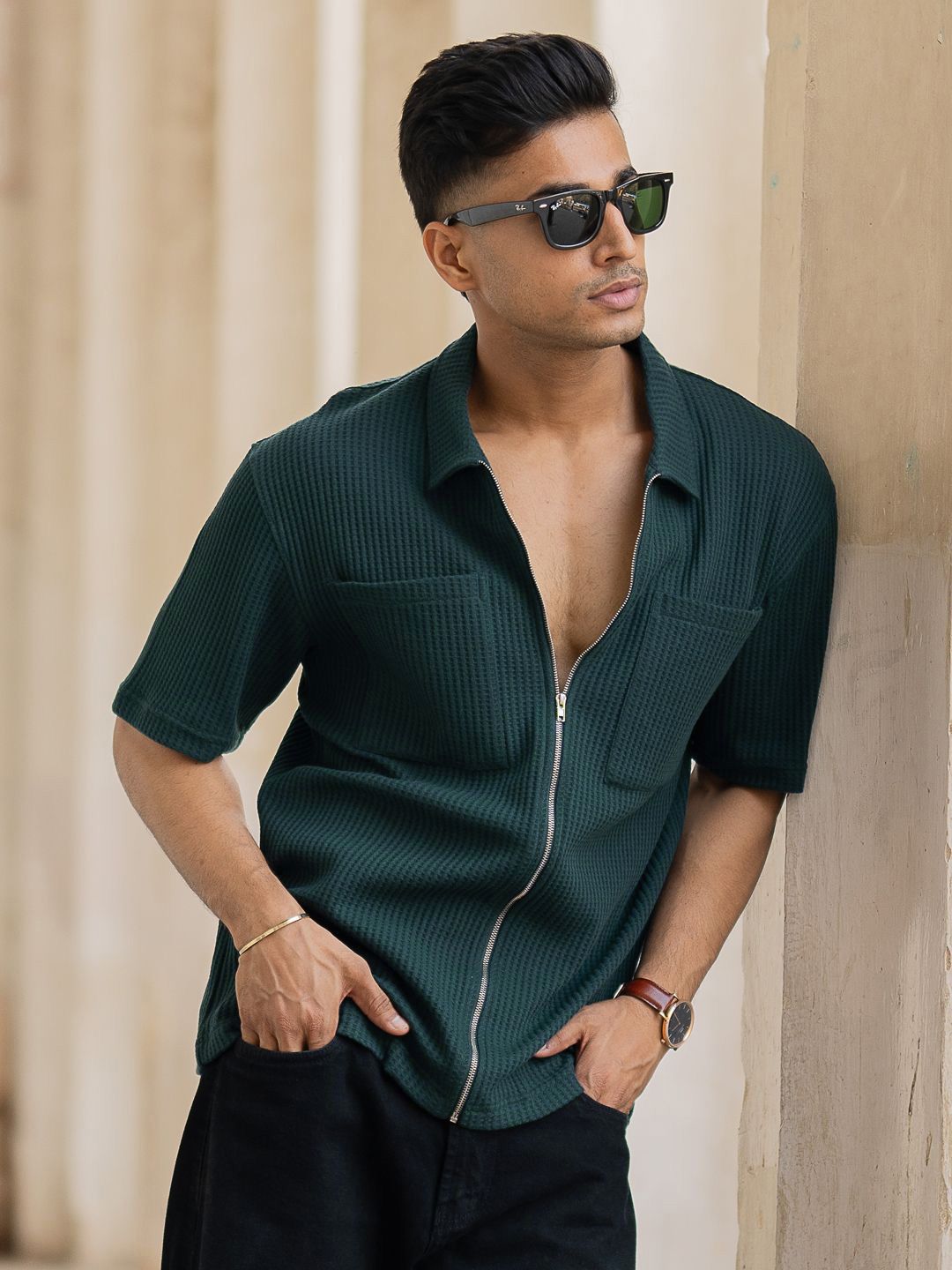 Powerlook Men Oversized Fit Spread Collar Textured Cotton Casual Shirt
