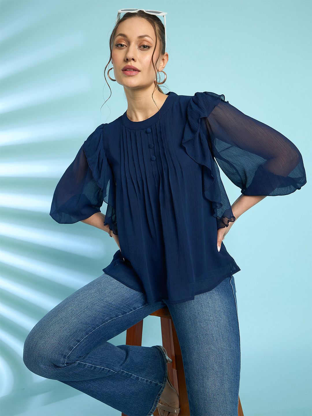 Antheaa Navy Round Neck Flared Sleeve Chiffon A-Line Top