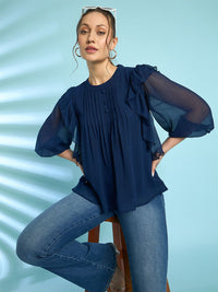 Antheaa Navy Round Neck Flared Sleeve Chiffon A-Line Top