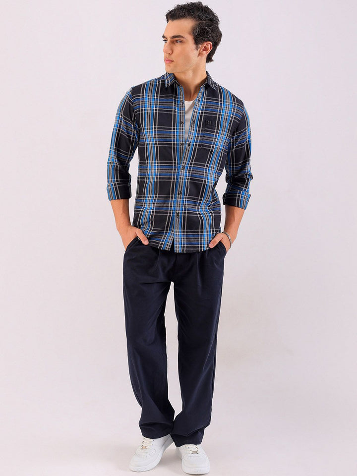 The Indian Garage Co Men Black & Blue Checked Pure Cotton Casual Shirt