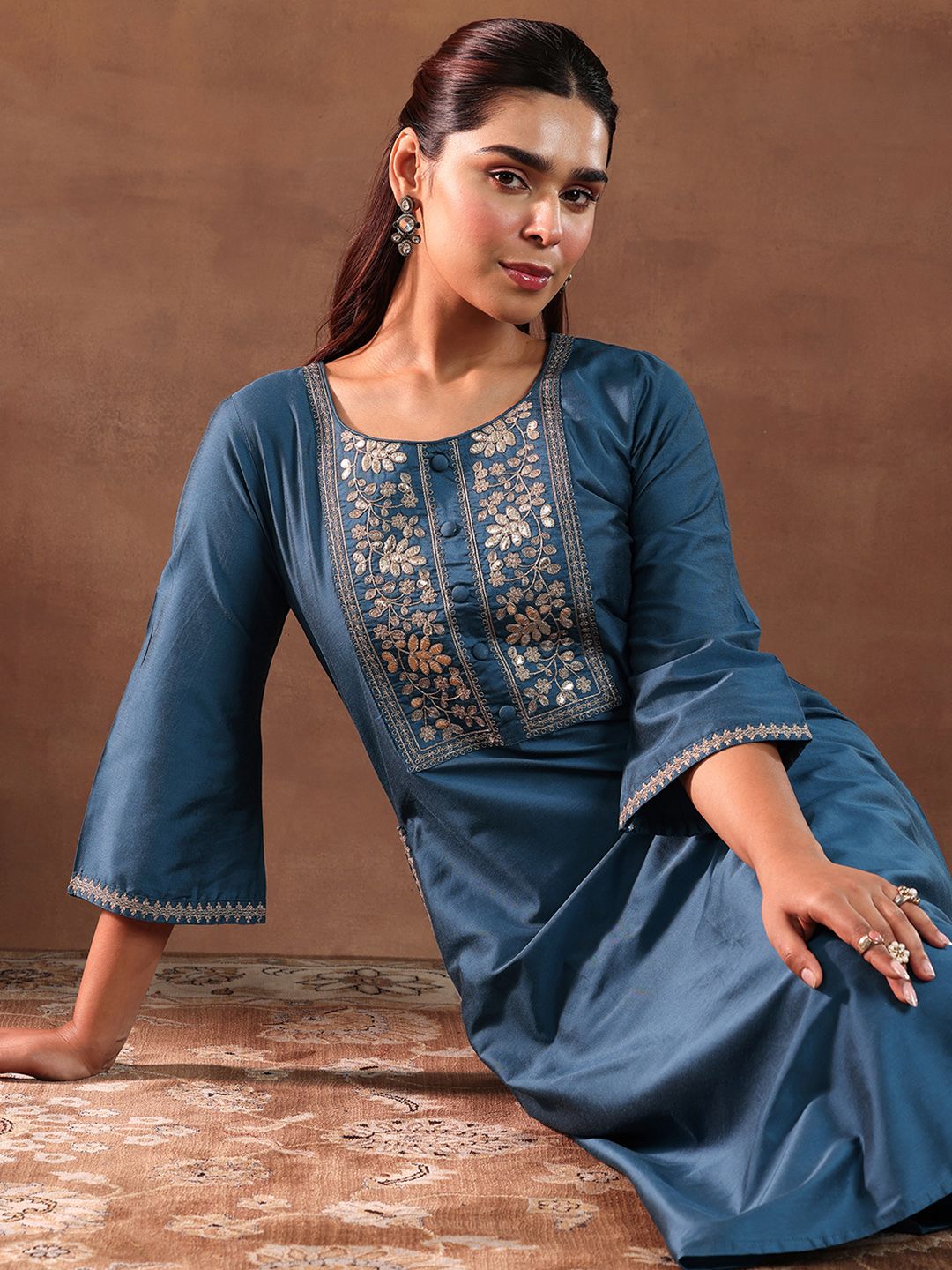 Libas Floral Yoke Design Sequinned Straight Kurta With Trouser